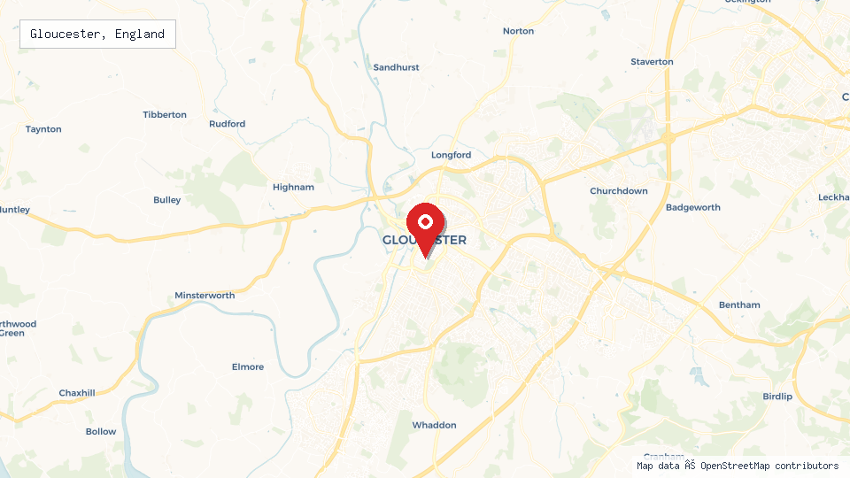 Street map of Gloucester, England with location pin