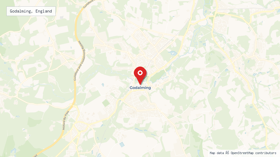 Street map of Godalming, England with location pin