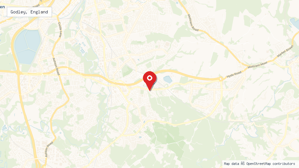 Street map of Godley, England with location pin