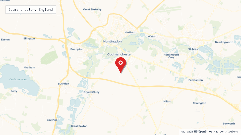Street map of Godmanchester, England with location pin