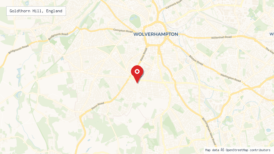 Street map of Goldthorn Hill, England with location pin
