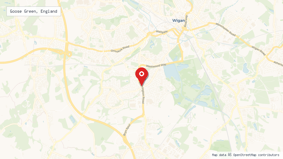 Street map of Goose Green, England with location pin