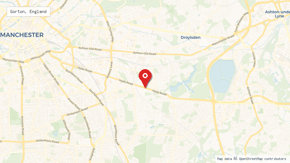 Street map of Gorton, England with location pin