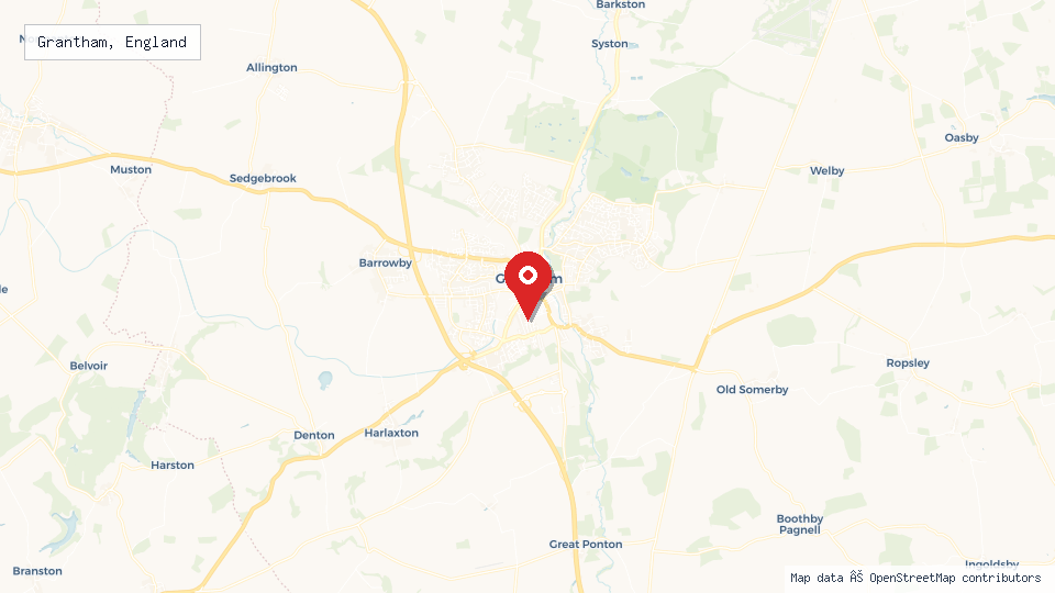 Street map of Grantham, England with location pin