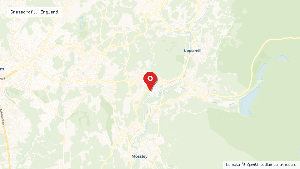 Street map of Grasscroft, England with location pin