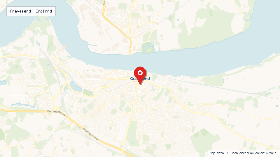 Street map of Gravesend, England with location pin
