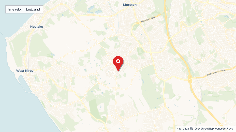 Street map of Greasby, England with location pin