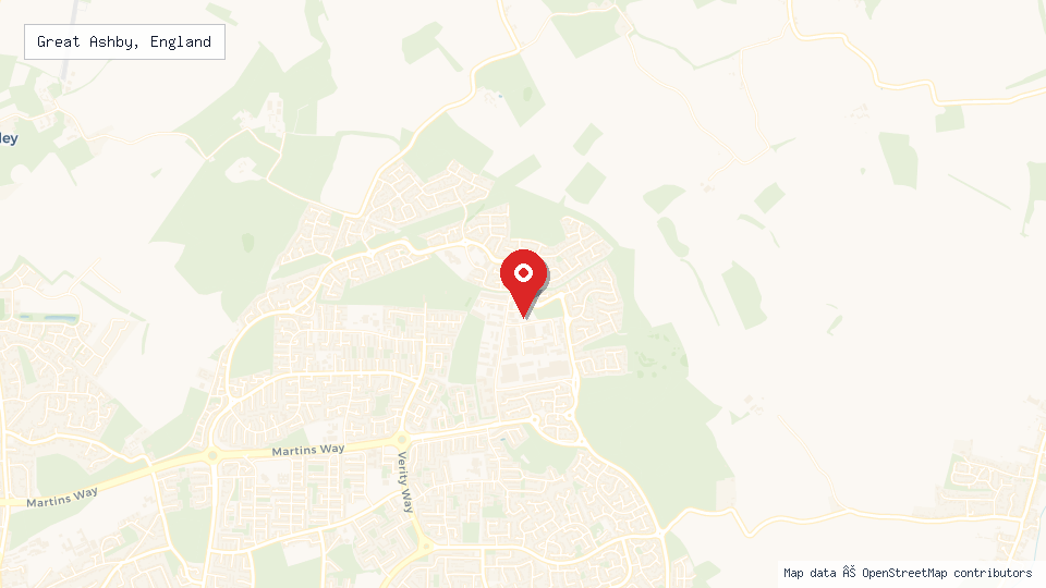 Street map of Great Ashby, England with location pin