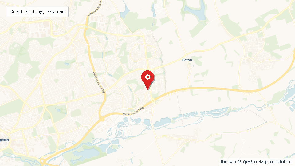 Street map of Great Billing, England with location pin