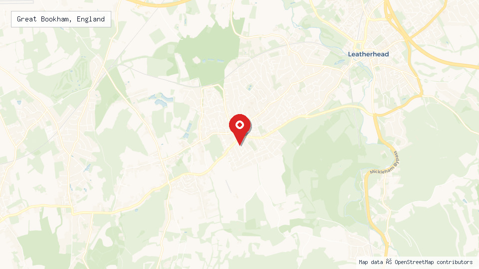 Street map of Great Bookham, England with location pin