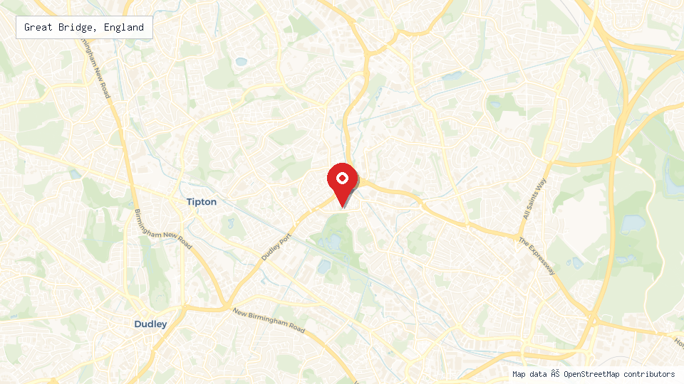 Street map of Great Bridge, England with location pin