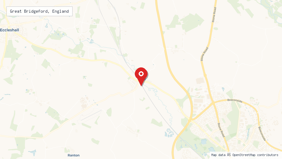 Street map of Great Bridgeford, England with location pin