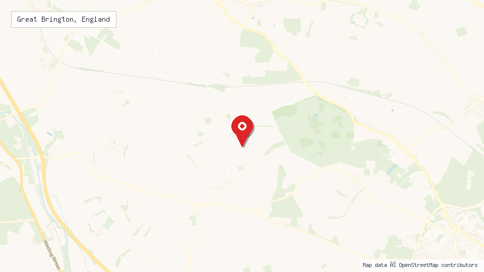 Street map of Great Brington, England with location pin