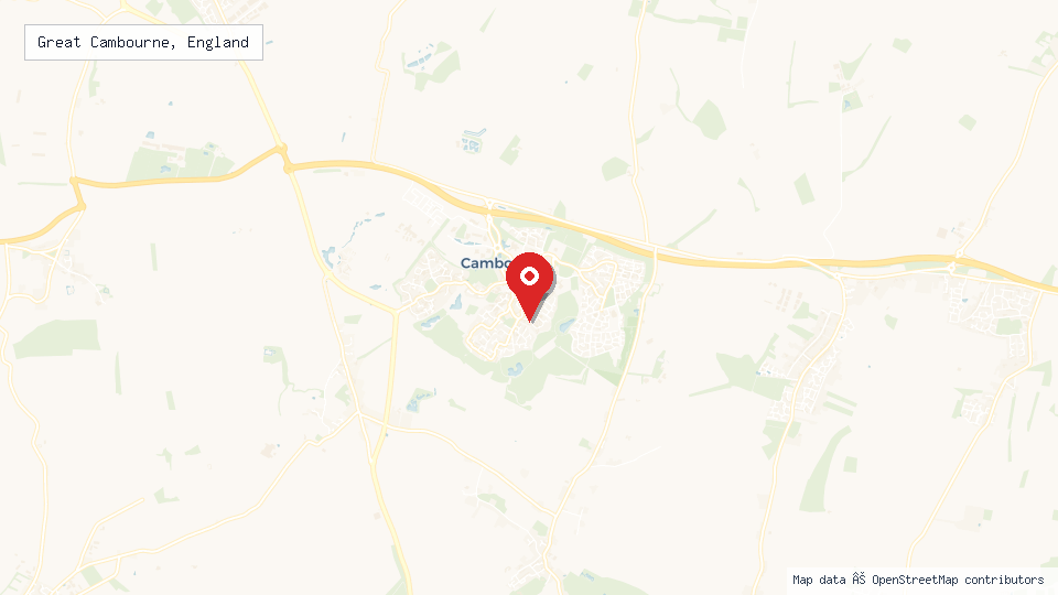 Street map of Great Cambourne, England with location pin