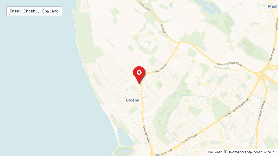 Street map of Great Crosby, England with location pin