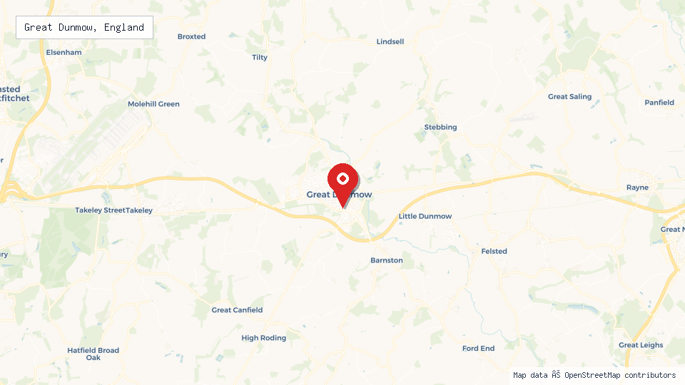 Street map of Great Dunmow, England with location pin