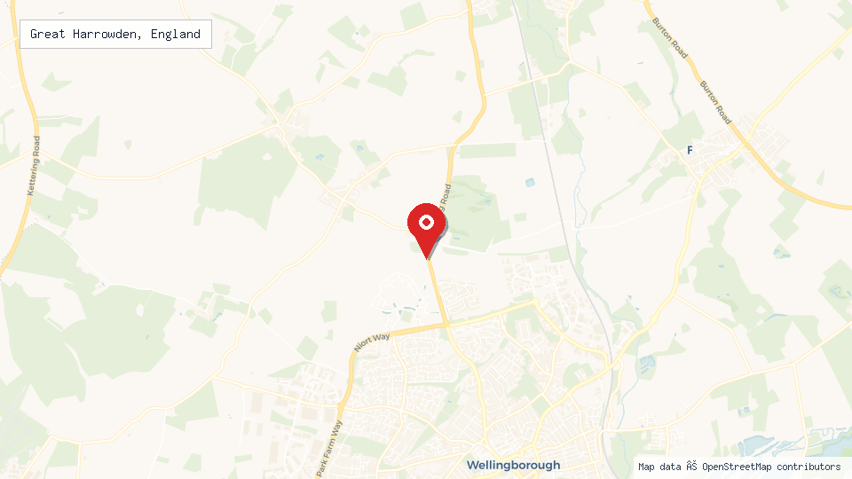 Street map of Great Harrowden, England with location pin