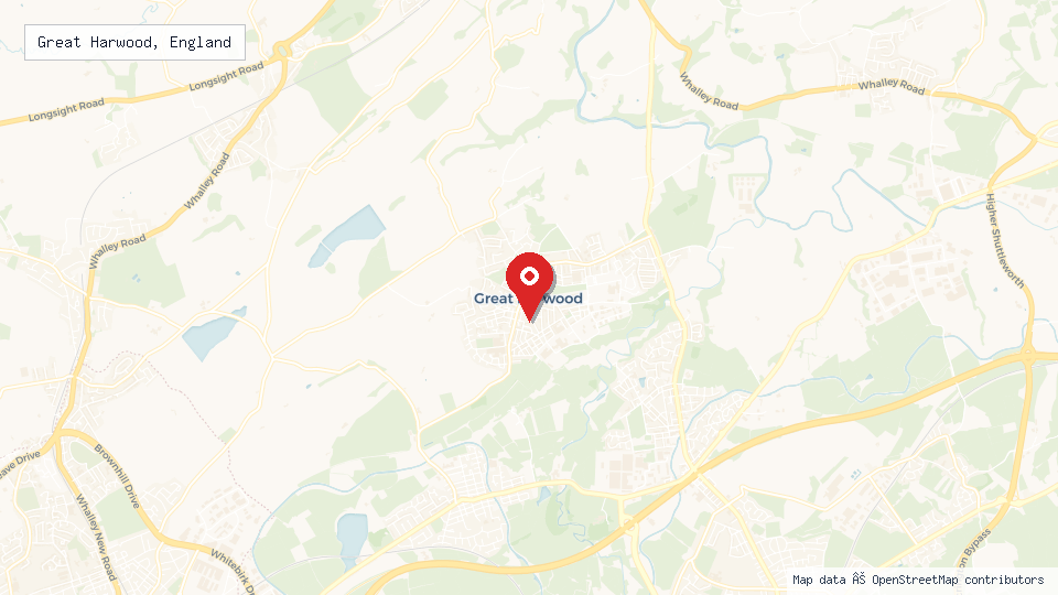Street map of Great Harwood, England with location pin