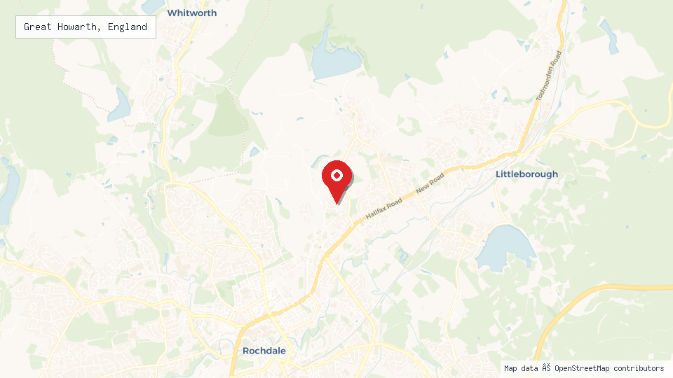 Street map of Great Howarth, England with location pin