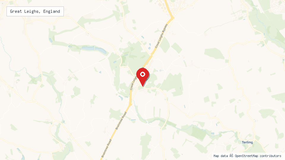 Street map of Great Leighs, England with location pin