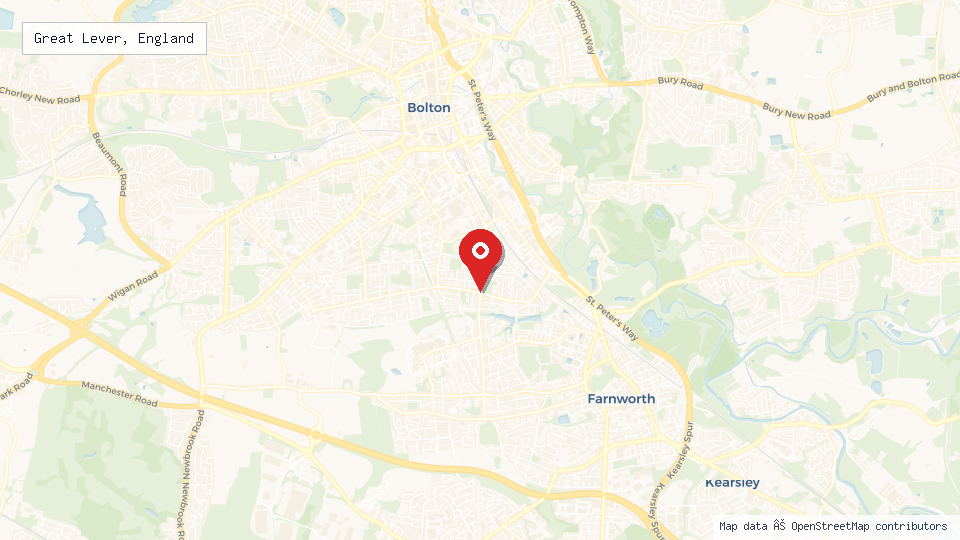 Street map of Great Lever, England with location pin