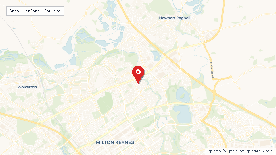 Street map of Great Linford, England with location pin