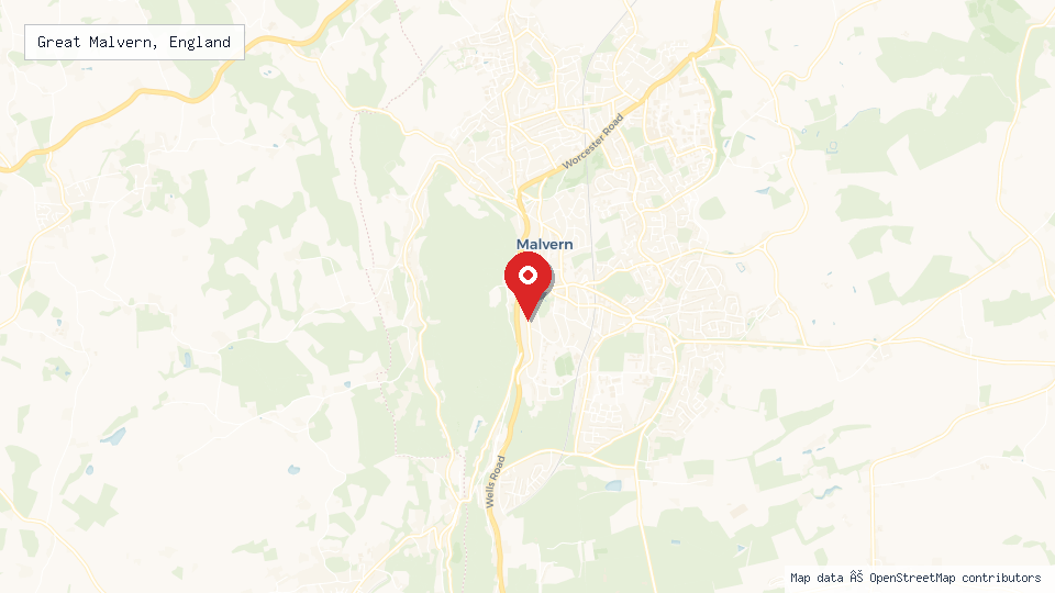 Street map of Great Malvern, England with location pin