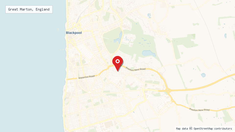 Street map of Great Marton, England with location pin