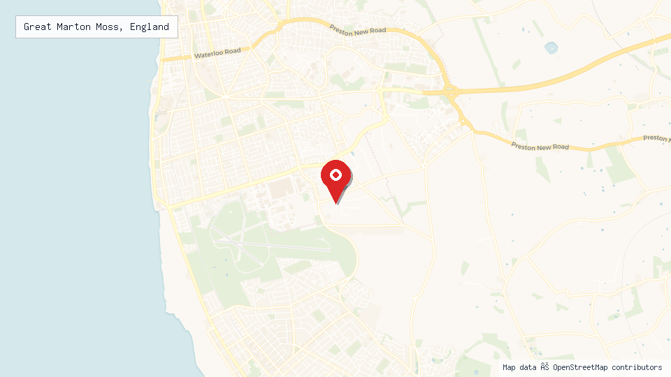 Street map of Great Marton Moss, England with location pin