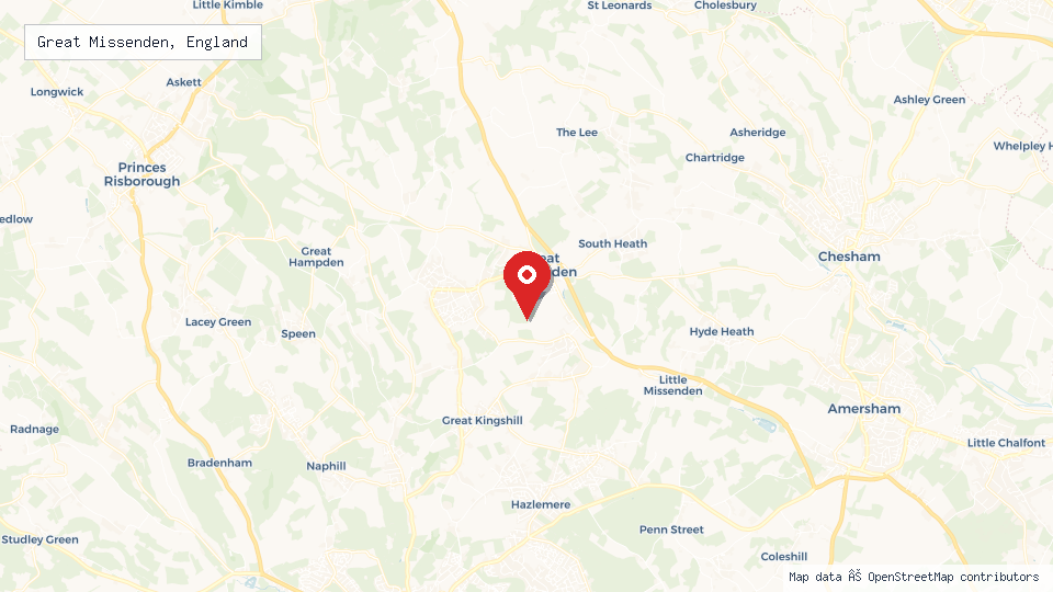 Street map of Great Missenden, England with location pin