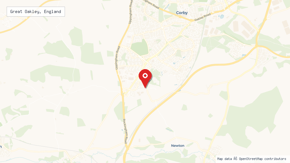 Street map of Great Oakley, England with location pin