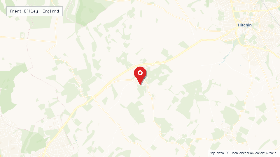 Street map of Great Offley, England with location pin