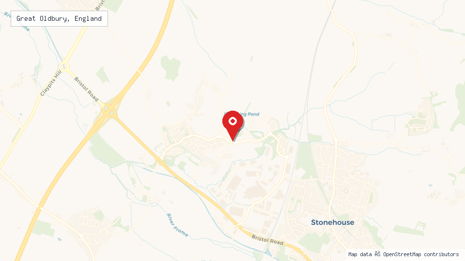 Street map of Great Oldbury, England with location pin