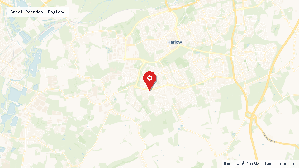 Street map of Great Parndon, England with location pin