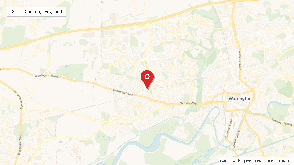 Street map of Great Sankey, England with location pin