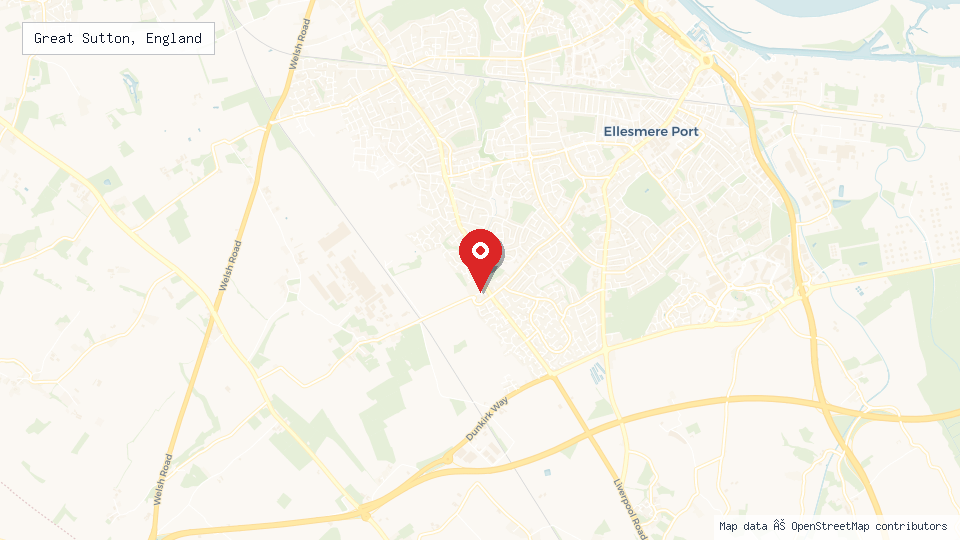 Street map of Great Sutton, England with location pin