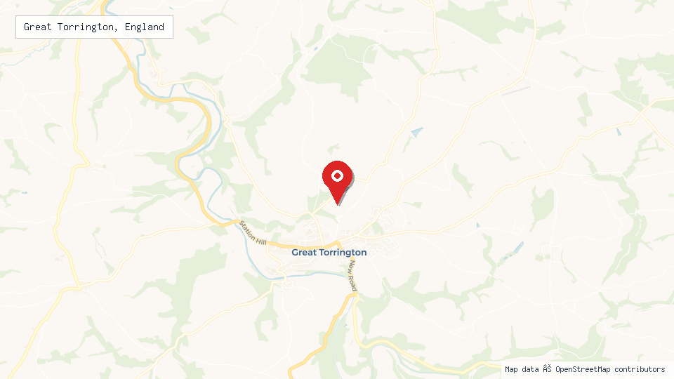 Street map of Great Torrington, England with location pin