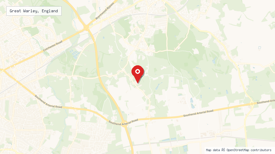 Street map of Great Warley, England with location pin