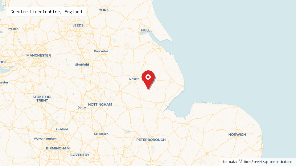 Street map of Greater Lincolnshire, England with location pin