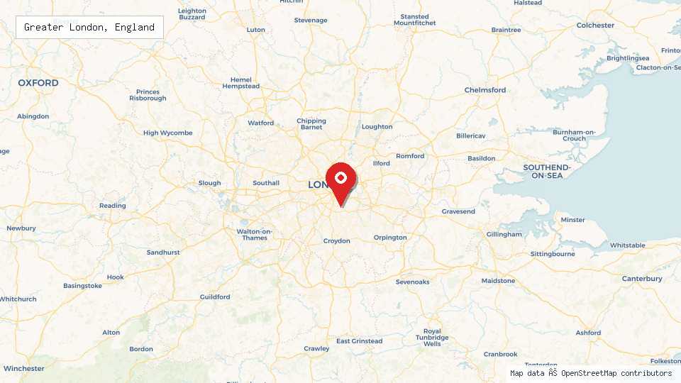Street map of Greater London, England with location pin