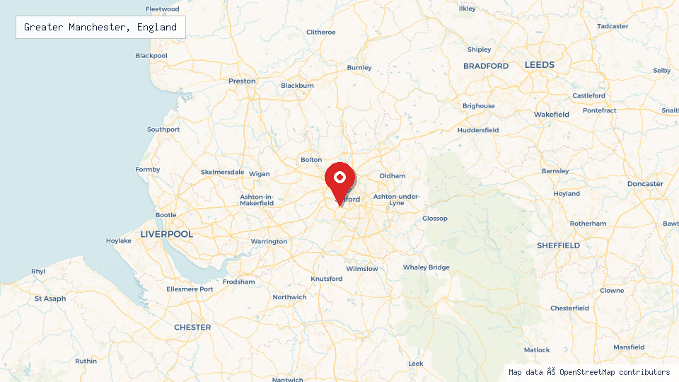 Street map of Greater Manchester, England with location pin