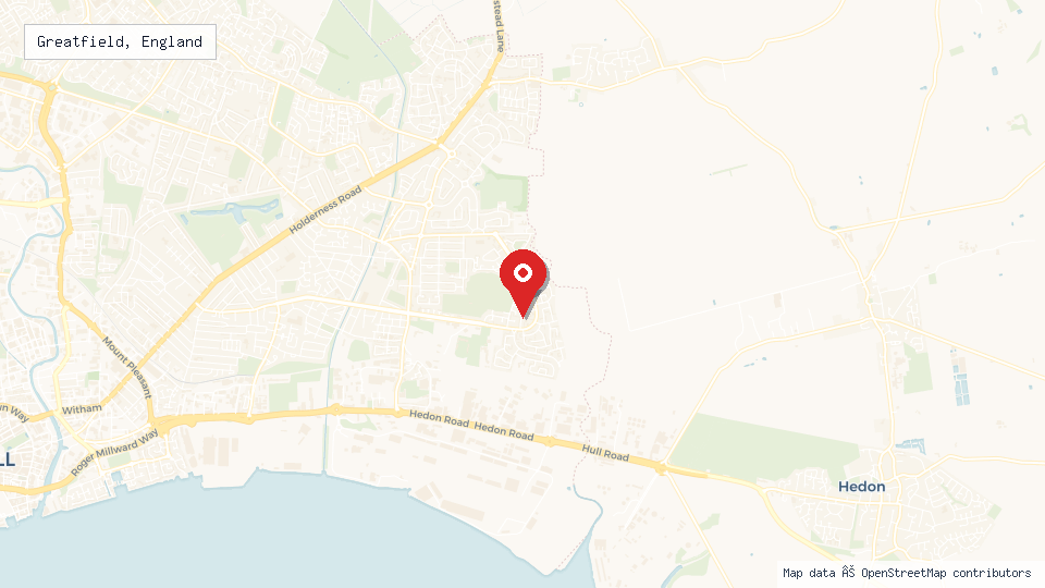 Street map of Greatfield, England with location pin
