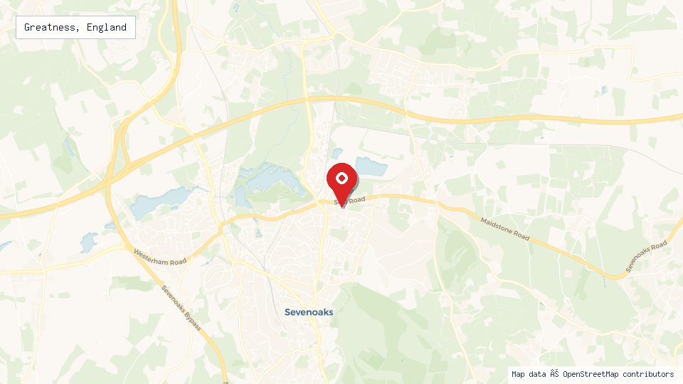 Street map of Greatness, England with location pin