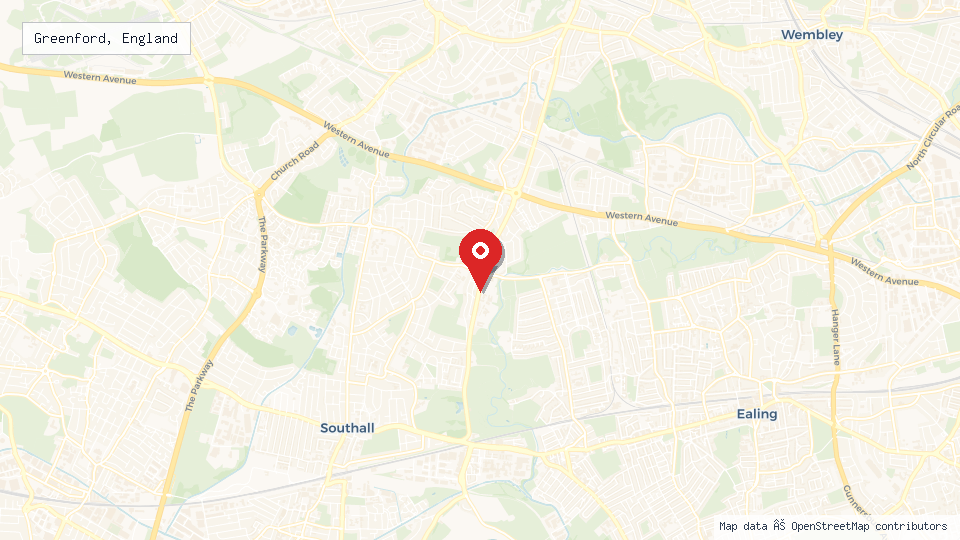 Street map of Greenford, England with location pin