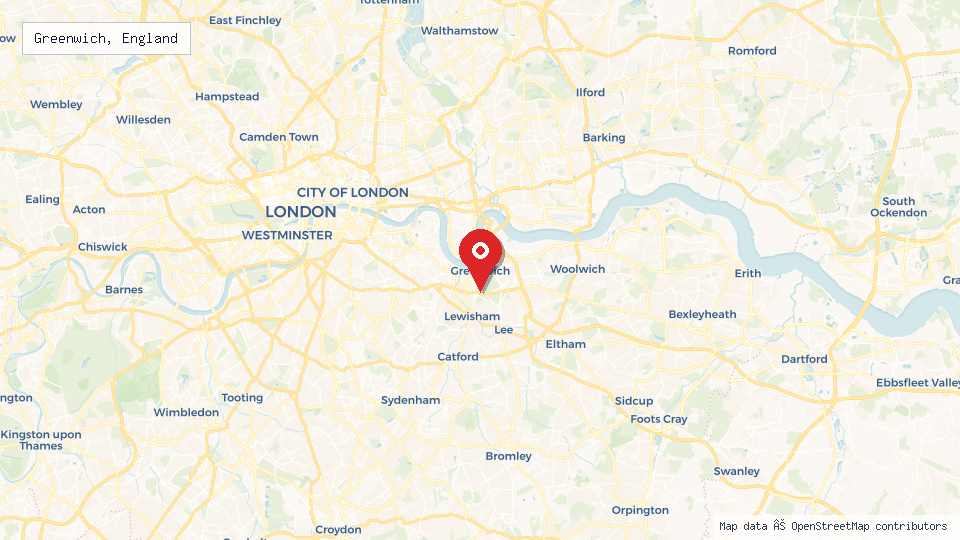 Street map of Greenwich, England with location pin