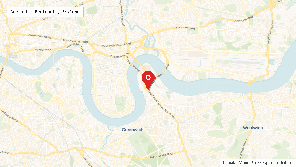 Street map of Greenwich Peninsula, England with location pin