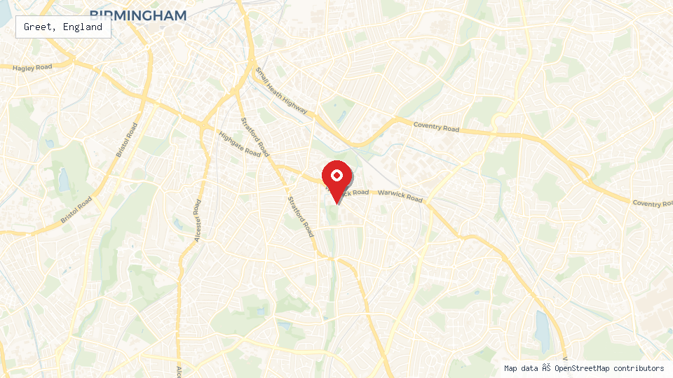 Street map of Greet, England with location pin