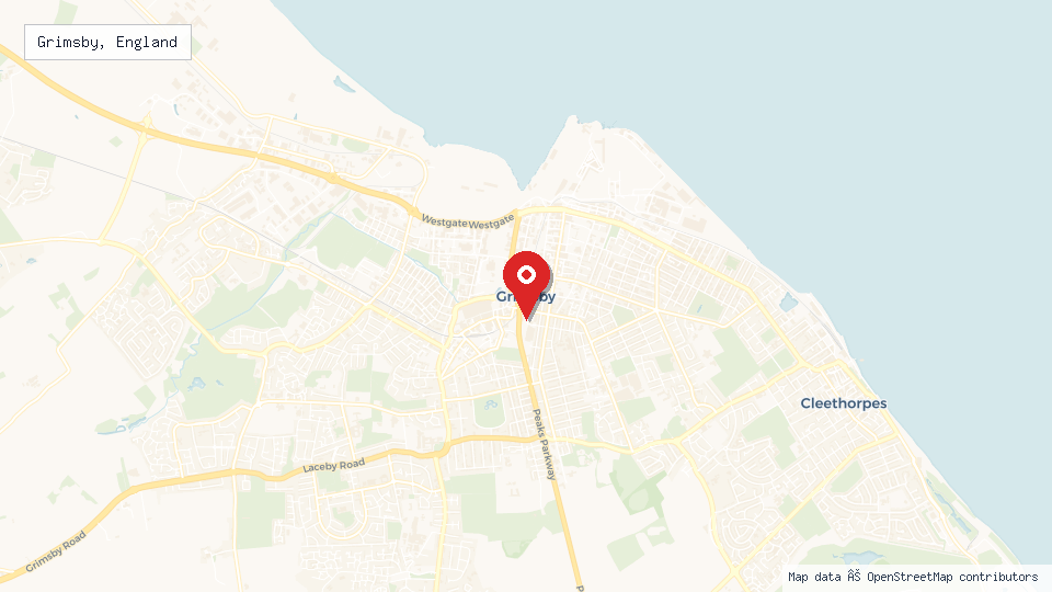 Street map of Grimsby, England with location pin
