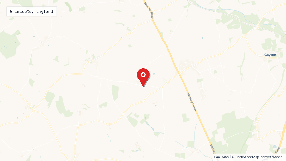 Street map of Grimscote, England with location pin