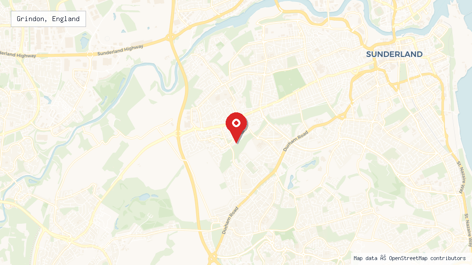 Street map of Grindon, England with location pin